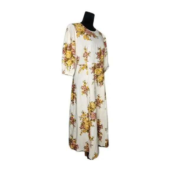 Nwt Sézane Jiana Ella Floral Linen Blend Puff Sleeves Open Back Midi Dress US 10 - Picture 4 of 12